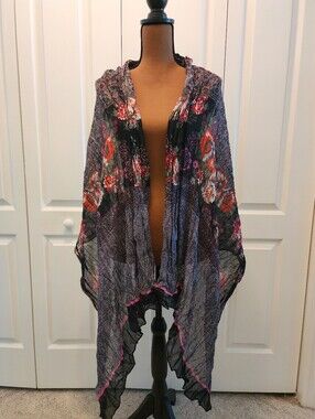 Sheer Floral Scarf / Sarong Wrap in Black and Purple with Pink And Red  Accents